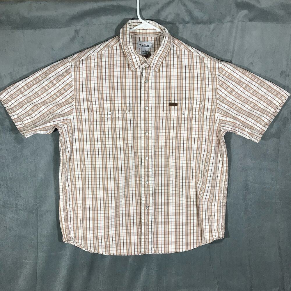 Carhartt Shirt Men  Large Brown/White Western Work Wear Pearl Snap